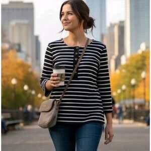 Lauren Ralph Lauren Size L Blouse Henley Stripes Nautical Preppy Casual Chic